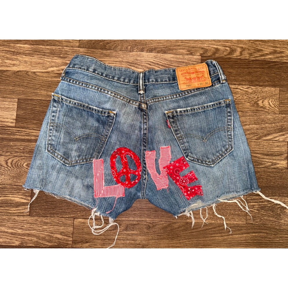 Levi's Red and Blue Jean Shorts with Distressed Hem